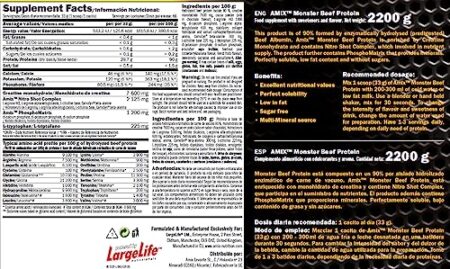Amix Monster Beef (Mega Bundle 4 x 2.2kg) — etiqueta trasera / composición