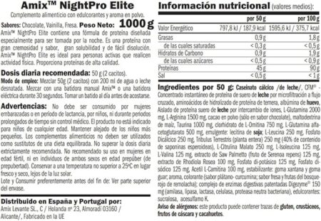 Amix NightPro Elite información nutricional e ingredientes