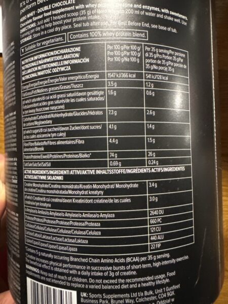 Bulk Hero 100% Whey Protein back nutrition and ingredients label