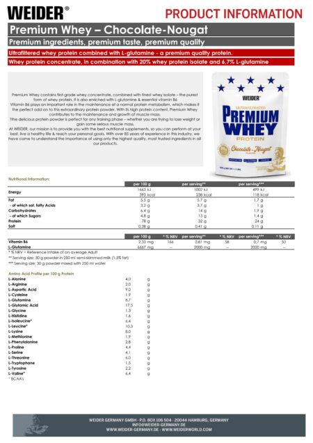 Weider Premium Whey product information nutrition facts